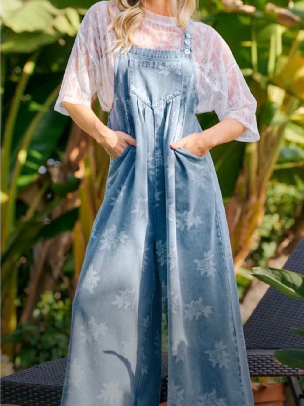 BIBI Rose Print Denim overalls. Medium - flat lay natural waist 20”